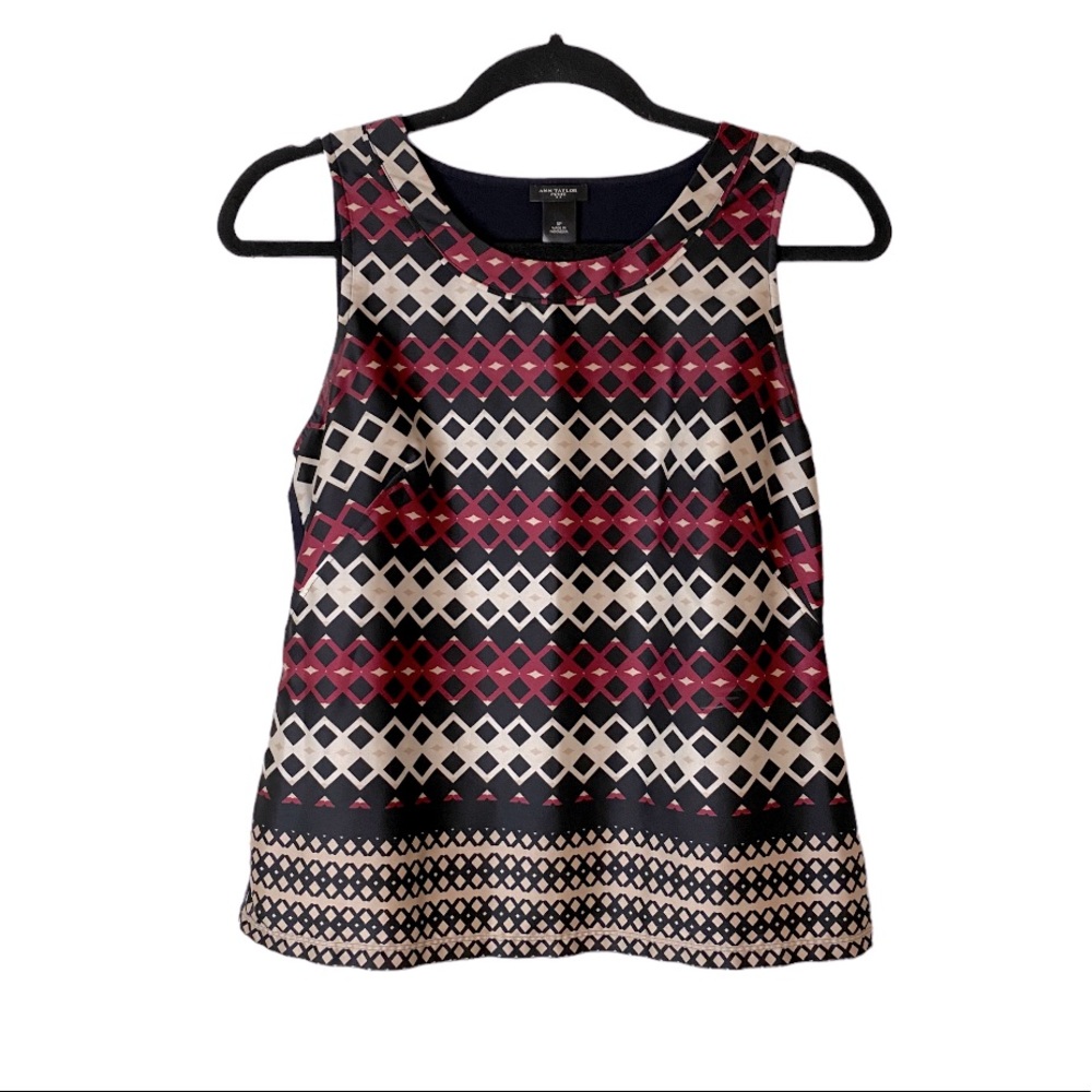Ann Taylor Petites Burgundy Navy Diamond Printed Sleeveless Top